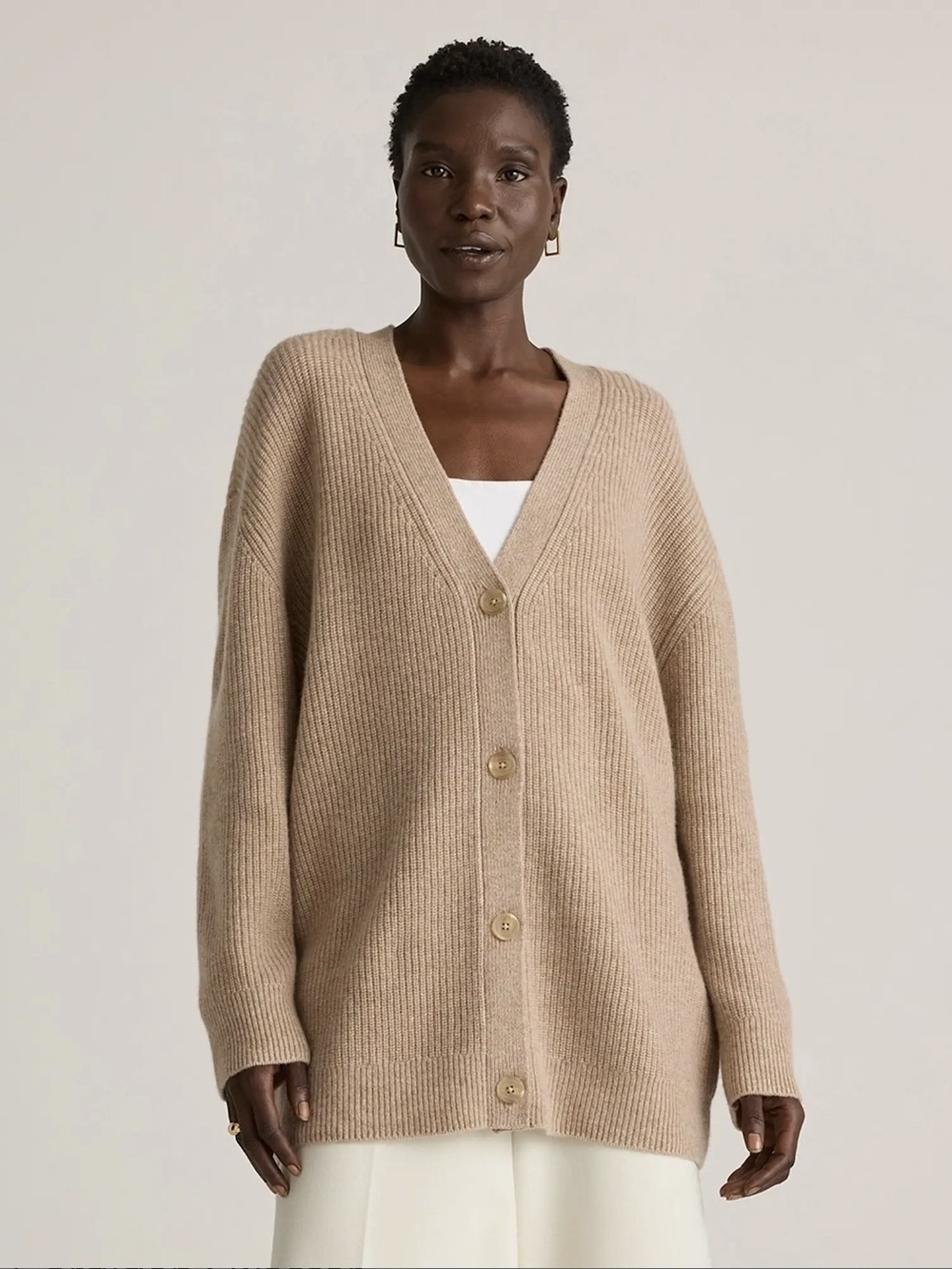 Quince Oversized V-Neck Button Cardigan in Beige